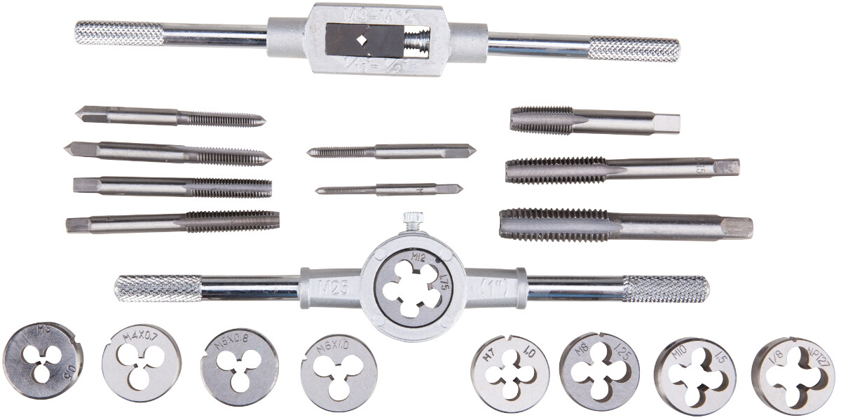 Rafturi si expozitoare - Filiere Manuale + Tarozi (20 piese) EvoTools - Diametru filiere (M3x0.5)-(M12x1.75) mm